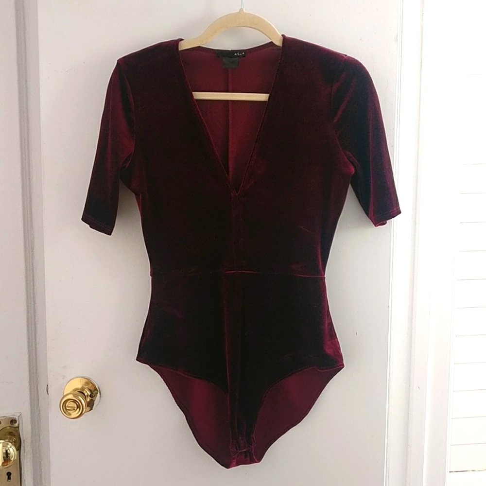 Aqua Brand V-neck Red Velvet Body Suit